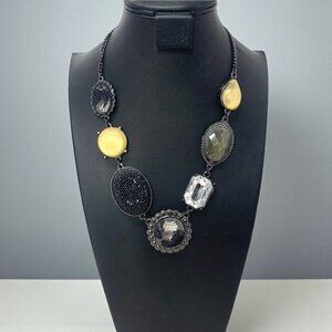 NY Statement Matinee Necklace – Mixed Stone & Lace Black, Yellow & Crystal